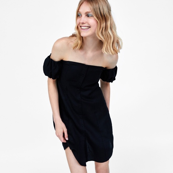 Zara Linen Black Off The Shoulder Mini Dress - Picture 1 of 7